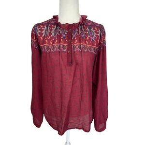 WARM NY Ines Cotton Floral Lightweight Blouse Burgundy Sz 3/L Bohemian Peasant
